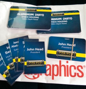 Photo of Prevco Subsea product cards and name badges