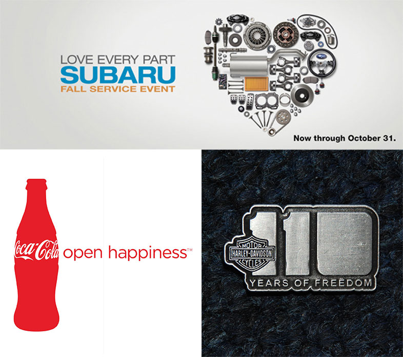 Examples of brand messaging from Coke, Subaru, and Harley Davidson